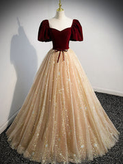 Champagne A line tulle long prom dress, champagne evening dress