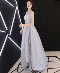 A line Hight Low Lace Prom Dresses, Gray Tulle Homecoming Dresses