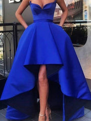 High Low Asymmetrical Princess Satin Sweetheart Prom Dresses with Ruffles