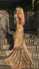 Unique Gold Mermaid Long Prom Dress Evening Dress SH1021