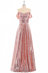 Roségouden pailletten off-the-shoulder A-Line lange bruidsmeisje jurk