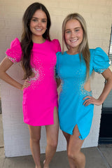 Cobalt Blue Beaded Cutout Short Dress with Puff Sleeves