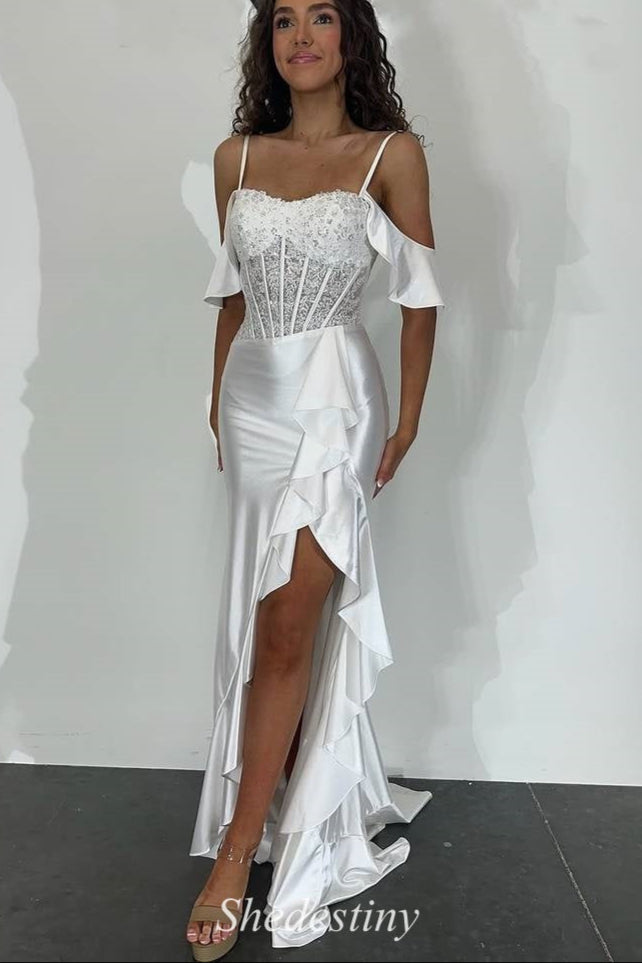 Cold-Shoulder White Mermaid Ruffle Slit Prom Dress with Sequins