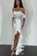 Cold-Shoulder White Mermaid Ruffle Slit Prom Dress with Sequins