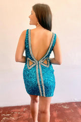 Turquoise Sequin Plunge V Short Party Dress with Hot Stones
