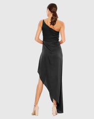 One shoulder neckline sleeveless satin asymmetrical skirt floor length evening dress