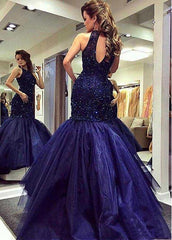 Tulle Halter Mermaid Formal Dresses With Beadings