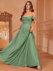 Front pleated lace up thin shoulder strap and floor length formal dress