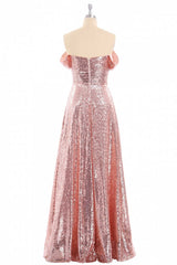 Roségouden pailletten off-the-shoulder A-Line lange bruidsmeisje jurk