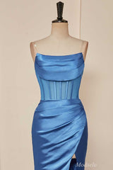 Blue Strapless Ruching Mermaid Long Prom Dress with Slit