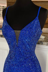 Royal Blue Beaded V-Neck Mermaid Long Prom Dress