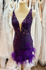 Orange Sequin Lace Plunge V Short Dress with Feathers