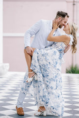 A Line Sweetheart Blue Floral Printed Long Party Dresses