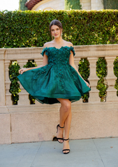 3D floral decal short off shoulder dress