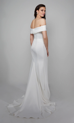 Perfect satin off shoulder straight tube backless side pleated high slit wedding dress