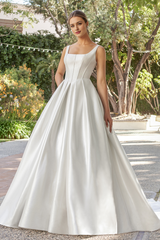 A-line square neckline tight fitting corset sleeveless backless and floor length wedding dress