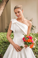 A-line shoulder asymmetrical bow tail and floor length wedding dress