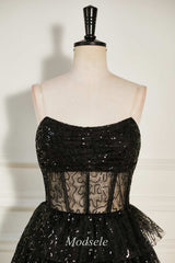 Black Sequin Tulle Strapless Tiered Short Party Dress with Ruffles