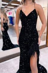 White Iridescent Sequins Feather Mermaid Long Prom Dress with Slit