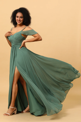 Eucalyptus A-line slim shoulder strap long slit chiffon bridesmaid dress