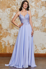 Lavender Purple A-line Thin Shoulder Strap Cross Back Long slit Evening Dress
