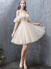 Cute champagne tulle short prom dress, tulle homecoming dress