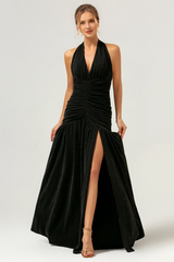 Black A-line hanging neck pleated long slit backless dance dress