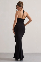 Hanging neck collar with pleats and a floor length evening dress - Jimiss Dress