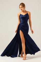 Navy blue fishtail thin shoulder strap slit pleated sequin ultra long dress