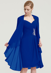 Scalloped Neck 34 Sleeve Knee-Length Chiffon Mother of the Bride Dress With Pleated Beading Appliqued