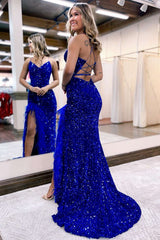 White Iridescent Sequins Feather Mermaid Long Prom Dress with Slit