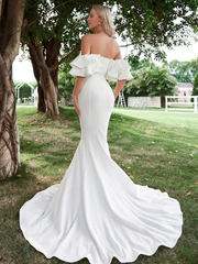 Off shoulder ruffle edge and floor length wedding dress