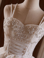 A-Line Sweetheart Neck Tulle Lace Light Champagne Short Prom Dress with Beads
