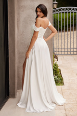 White sleeveless off shoulder long wedding dress