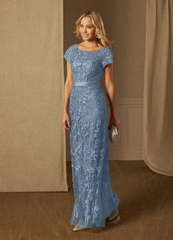 Sheath Scoop Lace Appliques Short Sleeve Dusty Blue Mother of the Bride Dresses