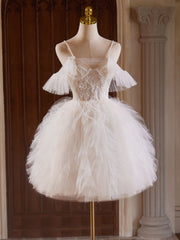 Cute Tulle Lace Light Champagne Short Prom Dress, Cut Homecoming Dress