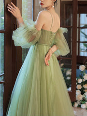 Green tulle A line long prom dress, green tulle formal dress