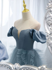 Blue tulle off shoulder long prom dress, blue tulle formal dress