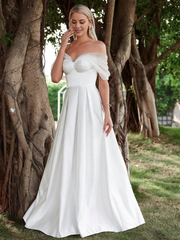Shoulderless pleated half body satin and floor length wedding dress