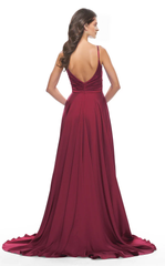 A-line V-neck sheer sleeveless thin shoulder strap with side slits and floor length Prom dress