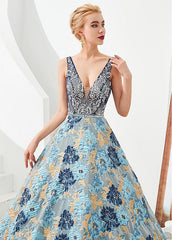 Tulle V-neck A-line Floral Formal & Evening Dress with Beading