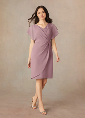 Sheath V-Neck Pleated Chiffon Dusty Rose Tea Length formal dresses evening dress Mother of the Bride Dresses