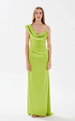 A-line asymmetrical collar tight corset and floor length evening dress