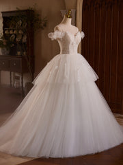 White Off Shoulder Tulle Lace Long Prom Dress, White Long Wedding Dress