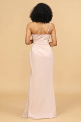 Powder blusher fishtail off shoulder satin long slit bridesmaid dress