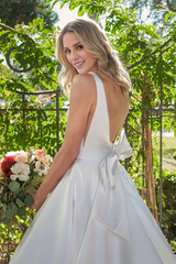 A-line satin square neck bow and floor length wedding dress