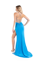 Hanging neck spoon collar thin shoulder strap back tie and floor length evening dress