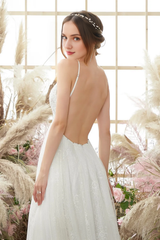 V-neck sleeveless thin shoulder strap and floor length wedding dress