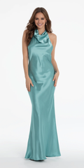 Jimiss halter neckline satin sleeveless off shoulder and floor length Prom dress