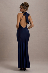 Satin long neck backless mermaid and floor length evening dress - jimiss dress